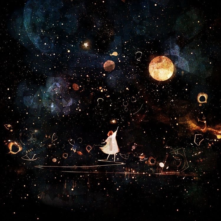 A dark collage of space elements and shapes. A small ethereal figure with short ruddy hair is reaching out to a bright sun-like object.