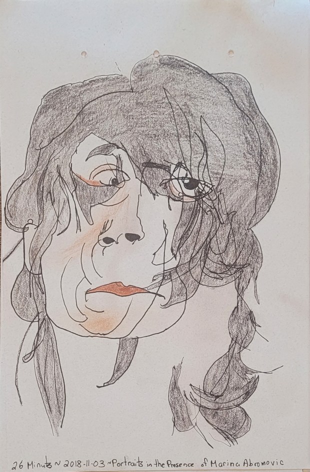 Sketch of a woman with brown hair and red cheeks