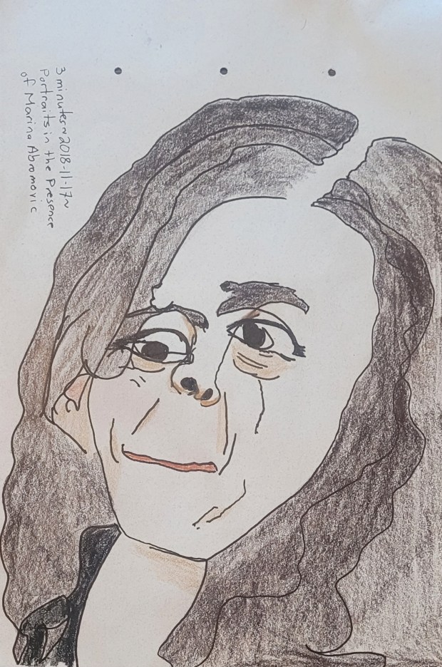 Sketch of a woman with brown hair and possibly dark makeup around her eyes