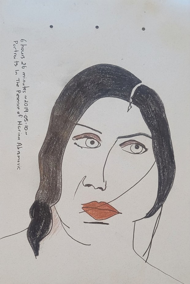 Sketch of Marina Abramovic wearing red lipstick, eyeshadow and shiny black hair