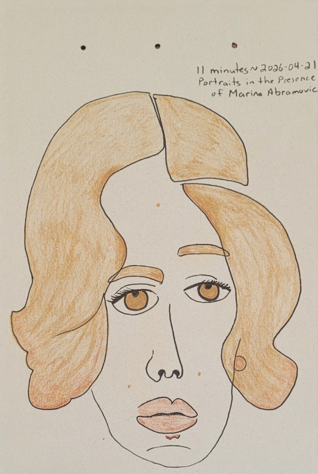 Sketch of a flaxen haired woman with amber eyes