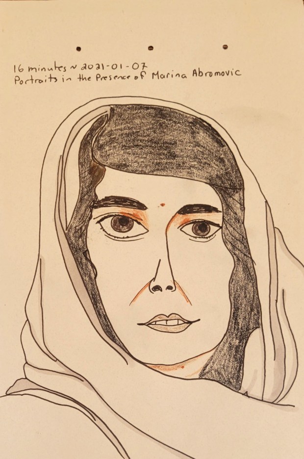 Sketch of a dark-haired woman with a hijab